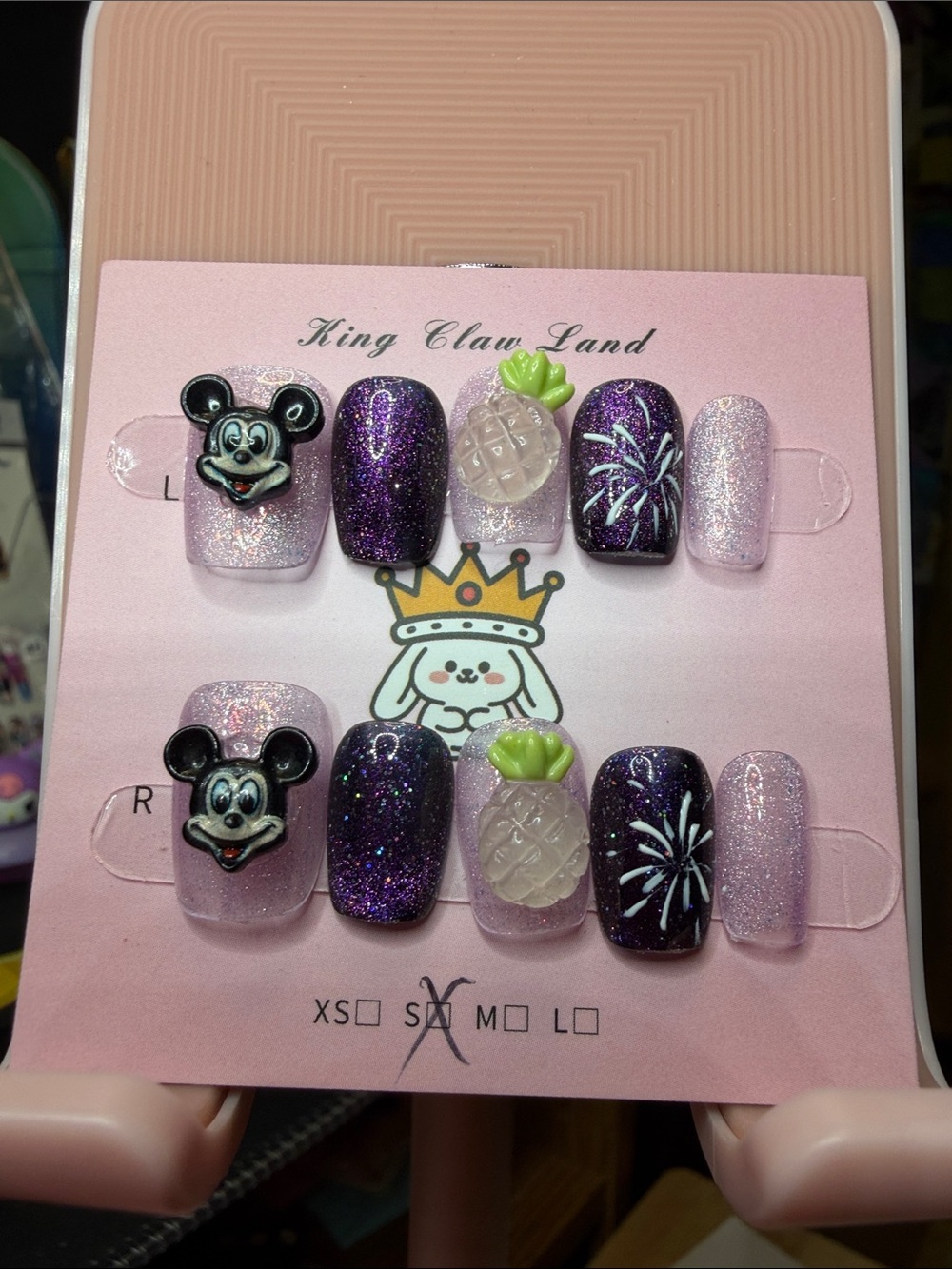 Purple Glitter Press-On Nails Mickey Mouse with Pineapple & Character Accents